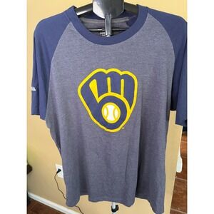 Stitches Milwaukee Brewers MLB Raglan T-Shirt Mens XL Grey Blue Glove Logo Tee